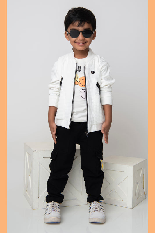 Jaquard Knitted Full Sleeves Zippered Sweat Jacket with Printed T-shirt and Denim Pants Casual Set- White