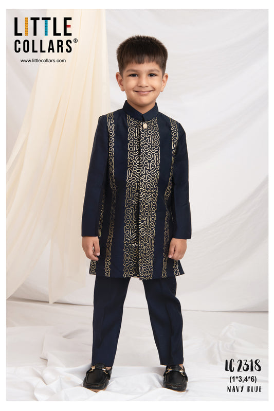 Silk Full Sleeves Zari Embroidered Achkan Bandhgala Sherwani  with Pants Ethnicwear Set- Navy