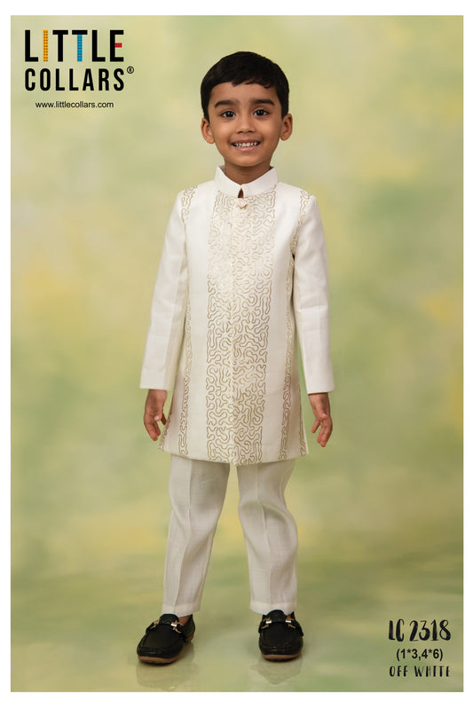 Blended Silk Full Sleeves Zari Embroidered Achkan Bandhgala Sherwani  with Pants Ethnicwear Set- White