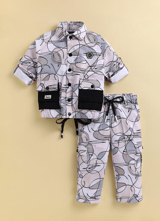 Boys Casual Knitted Full Sleeves All over Printed Airport Look Coord Casual Set- Beige
