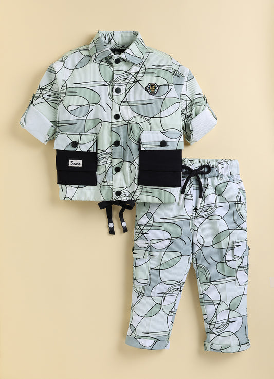 Boys Casual Knitted Full Sleeves All over Printed Airport Look Coord Casual Set- Green