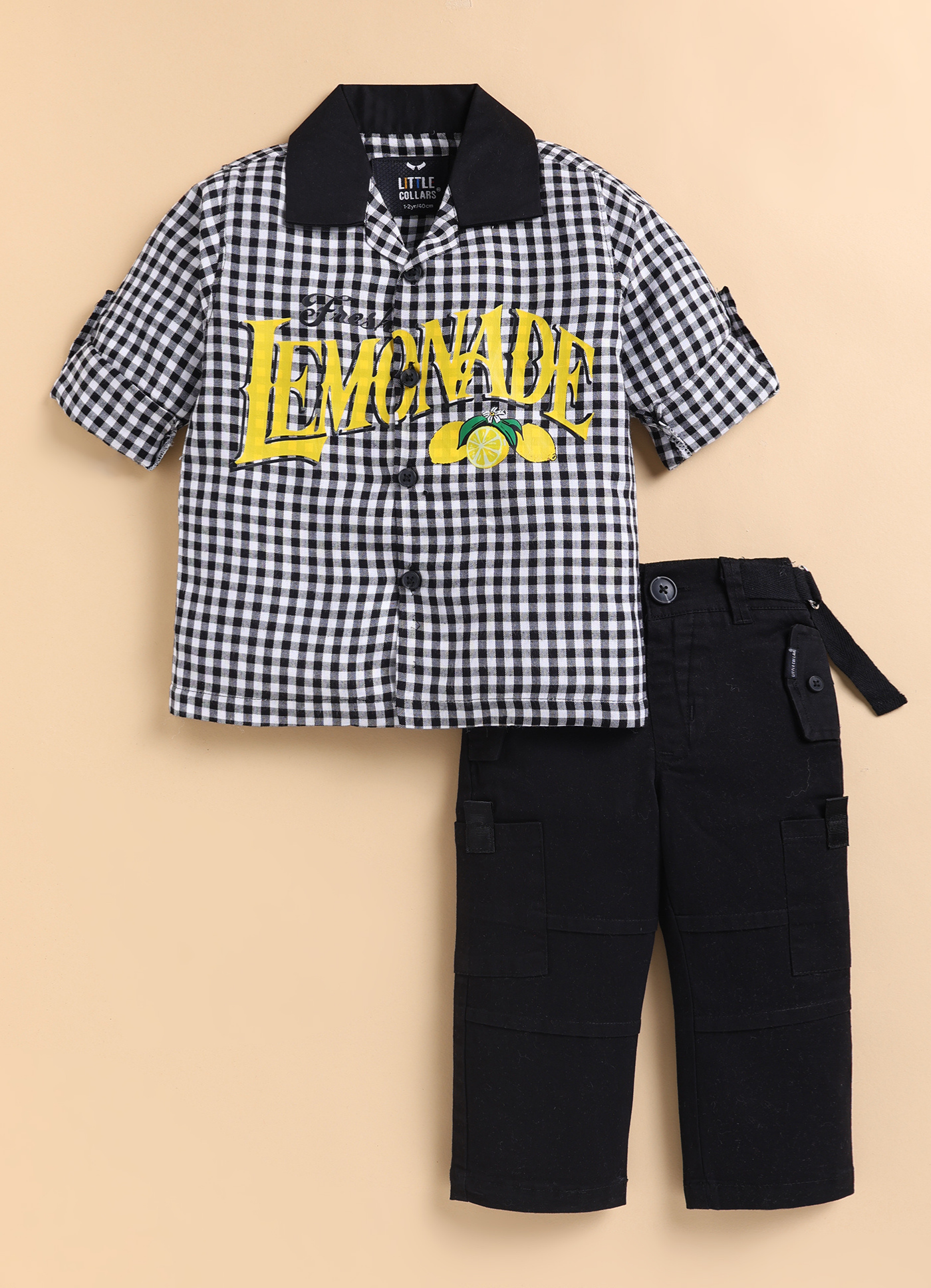 Boys Pure Cotton Lemonade Cotton Shirt Pant Casual Set - Black