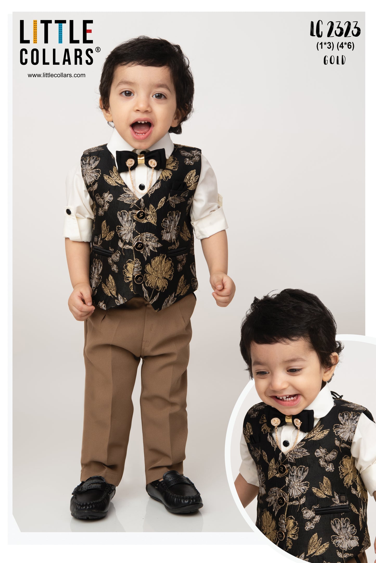 Jacquard Woven Full Sleeves Floral Waistcoat Pant with Shirt Bow and Brooch Jacket Set- Gold