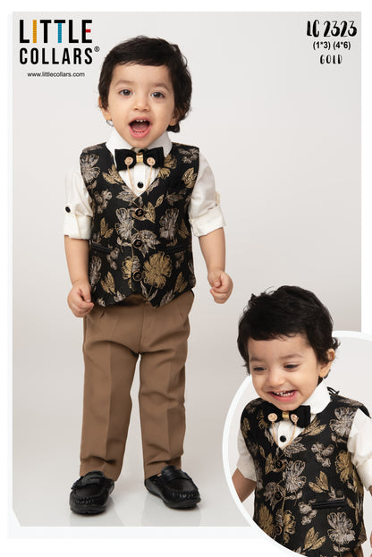 Jacquard Woven Full Sleeves Floral Waistcoat Pant with Shirt Bow and Brooch Jacket Set- Gold