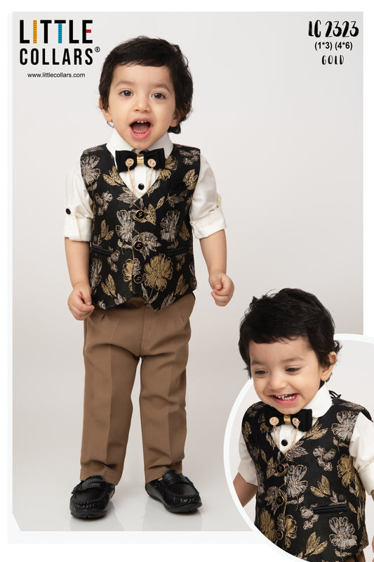 Jacquard Woven Full Sleeves Floral Waistcoat Pant with Shirt Bow and Brooch Jacket Set- Gold