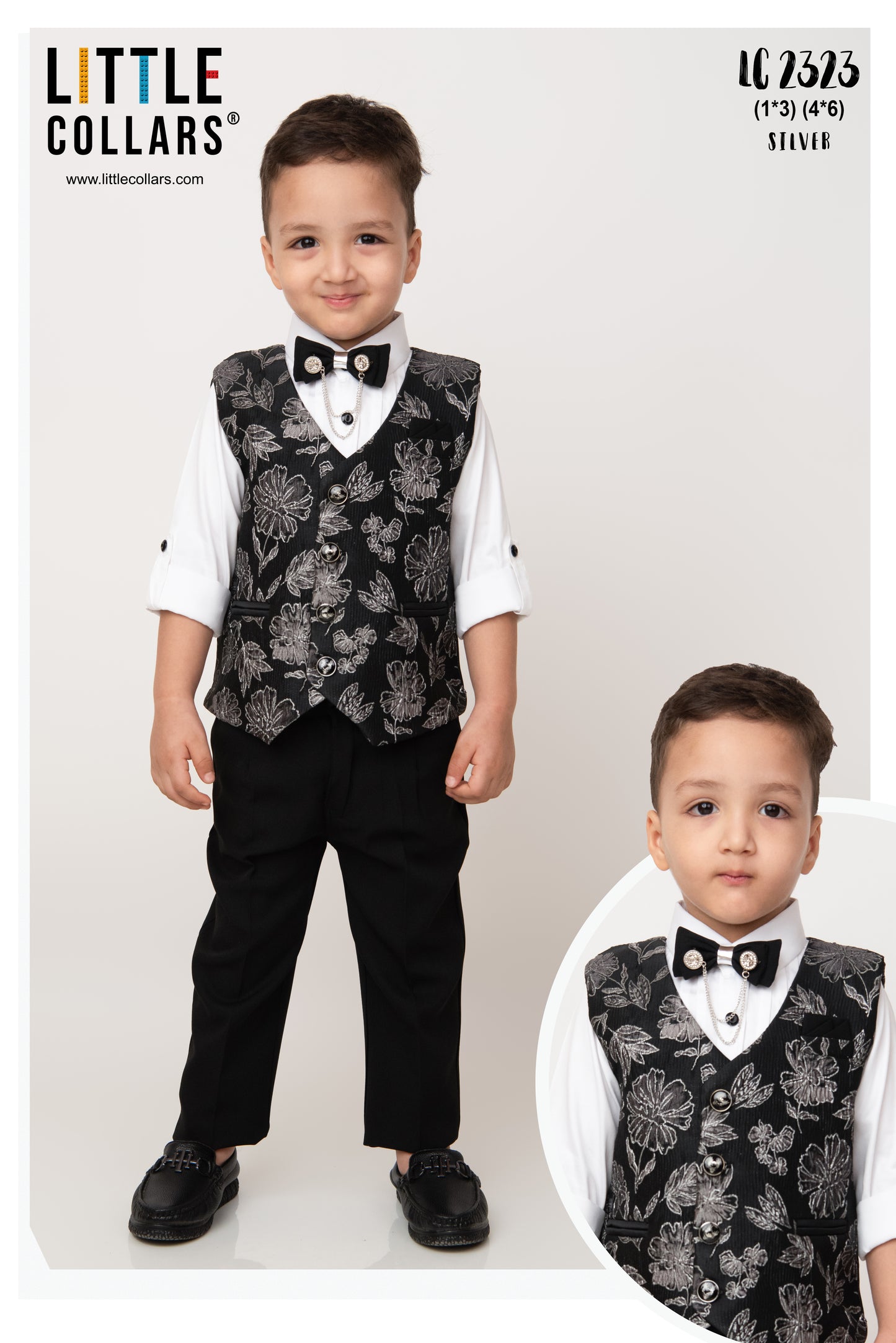 Jacquard Woven Full Sleeves Floral Waistcoat Pant with Shirt Bow and Brooch Jacket Set- Silver