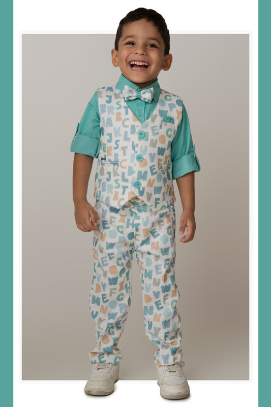 Birthday Boy Alphabet Printed Bright Full Sleeves Waistcoat Pant, Shirt and Bow Jacket Set- Green