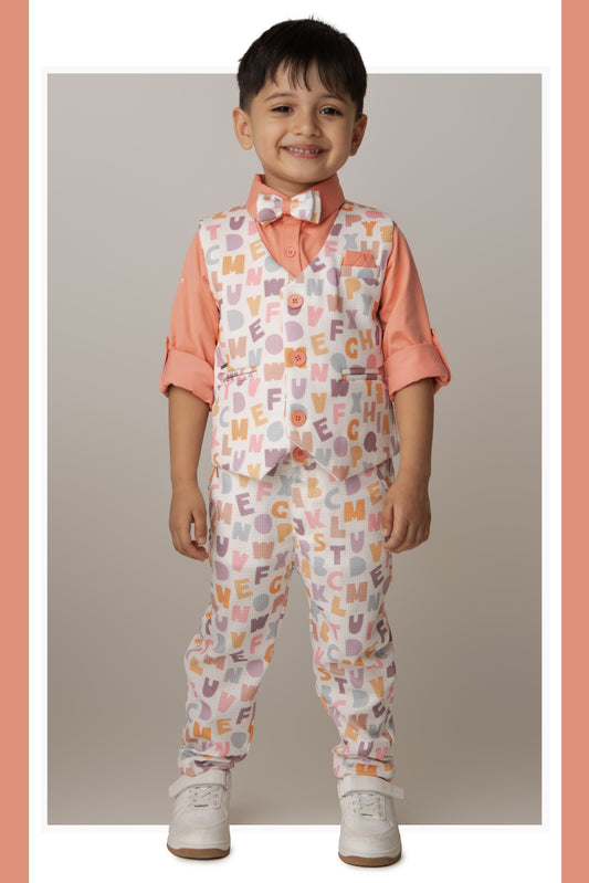 Birthday Boy Alphabet Printed Bright Full Sleeves Waistcoat Pant, Shirt and Bow Jacket Set- Peach