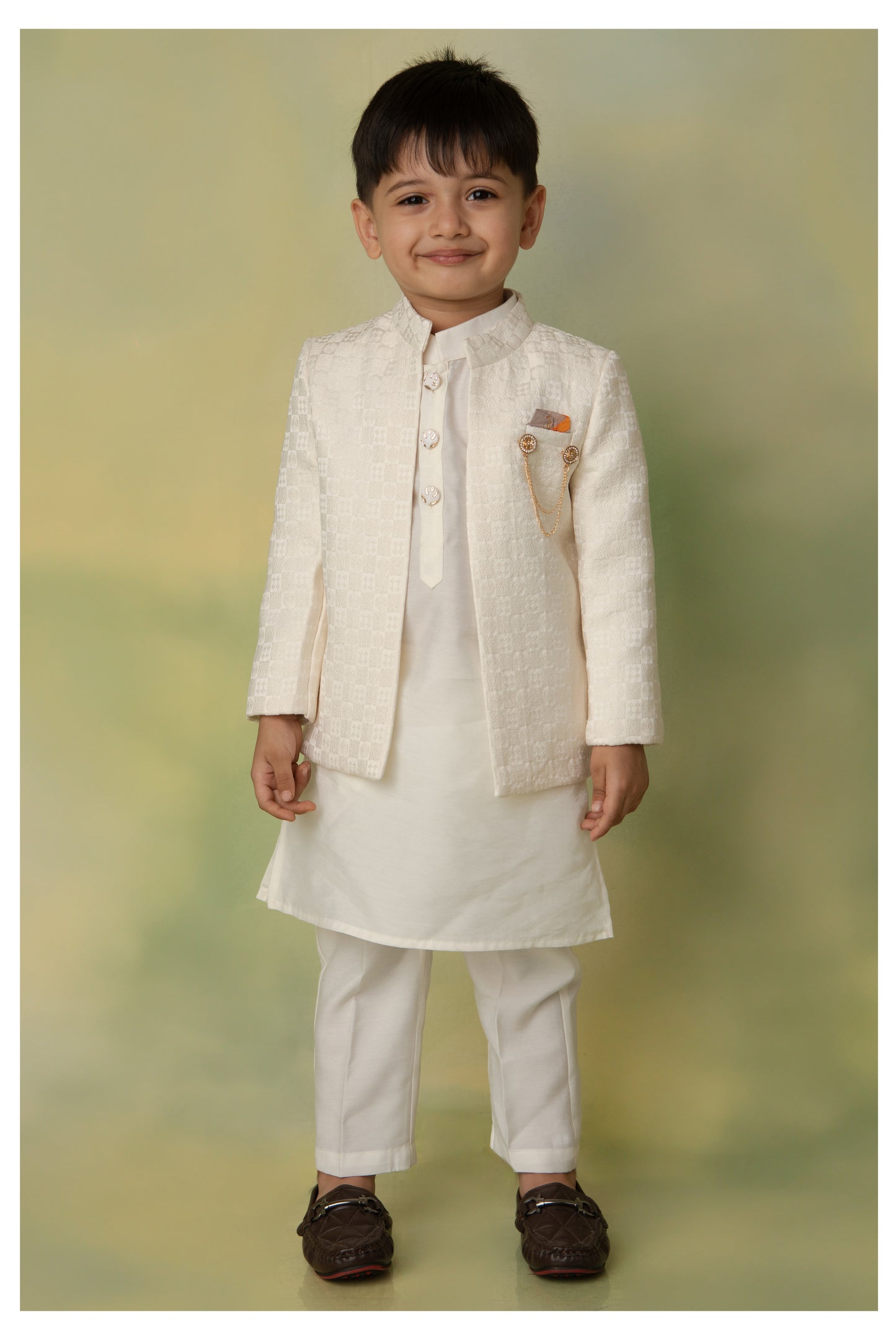 Blended Silk Full Sleeves Self Texture Achkan Open Jacket Kurta with Pajama and Brooch Ethnicwear Set- Cream