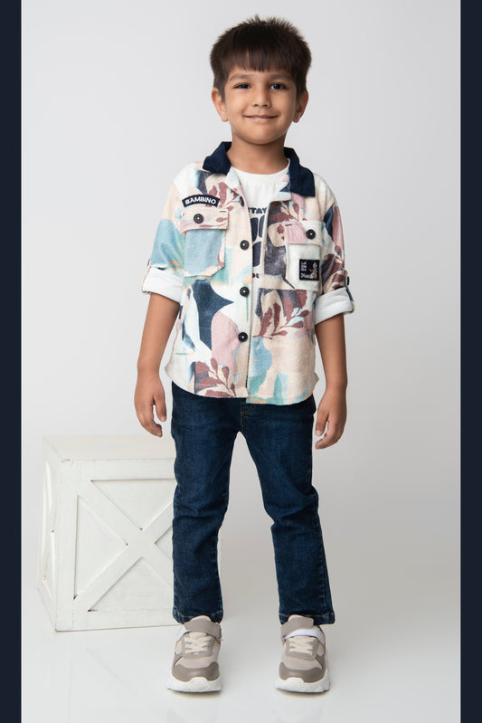 Blended Terry Toweling Abstract Printed Woven Full Sleeves Cuban Collar Shacket Printed T-shirt with Denim Pants Casual Set-Blue