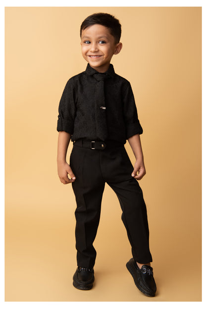 Poly Nylon Woven Full Sleeves Jacqaurd Shirt Pant with Tie and Tie Pin Set- Black