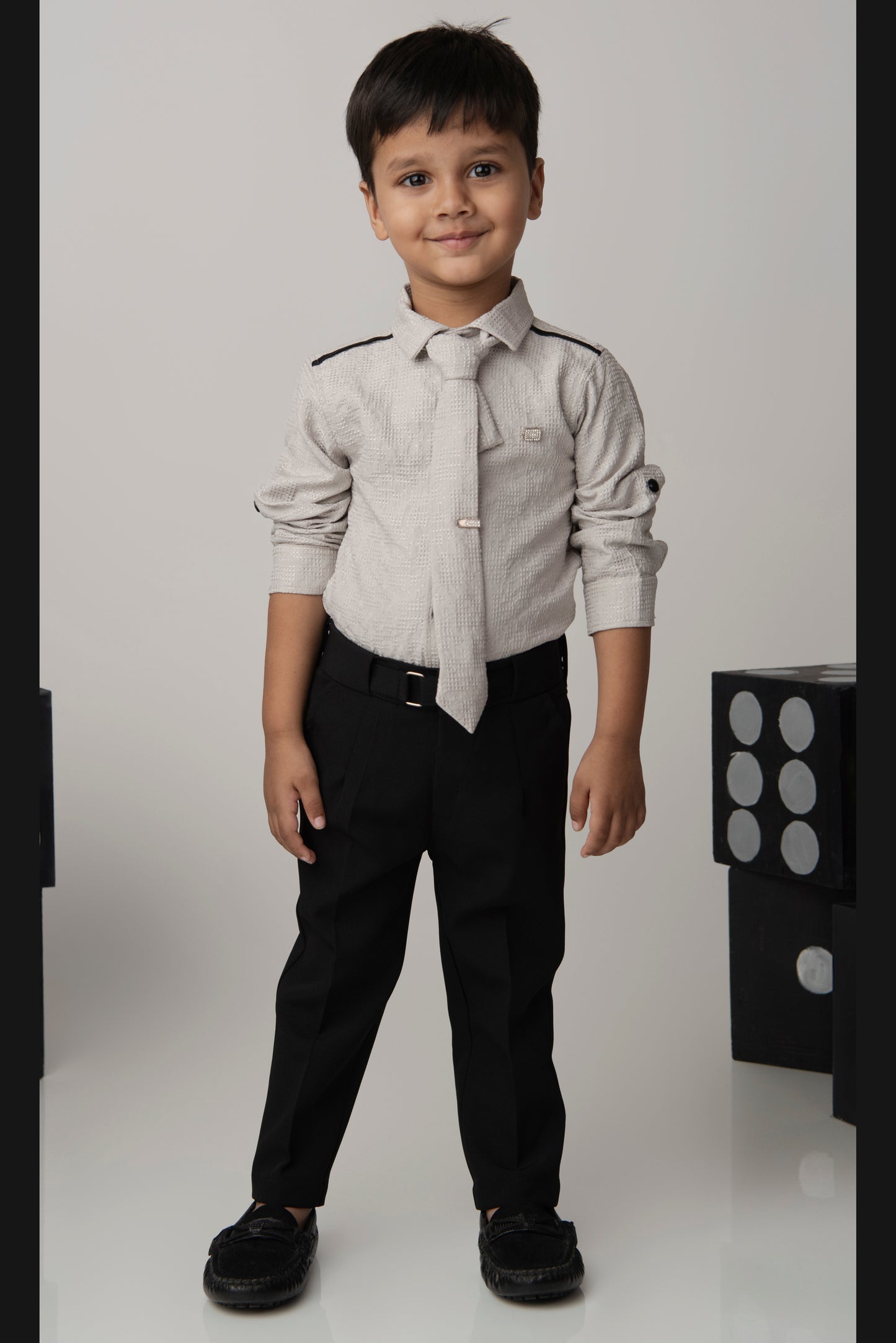 Poly Nylon Woven Full Sleeves Jacqaurd Shirt Pant with Tie and Tie Pin Set- Cement