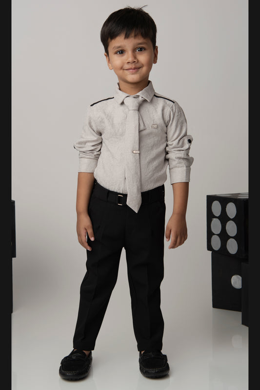 Poly Nylon Woven Full Sleeves Jacqaurd Shirt Pant with Tie and Tie Pin Set- Cement