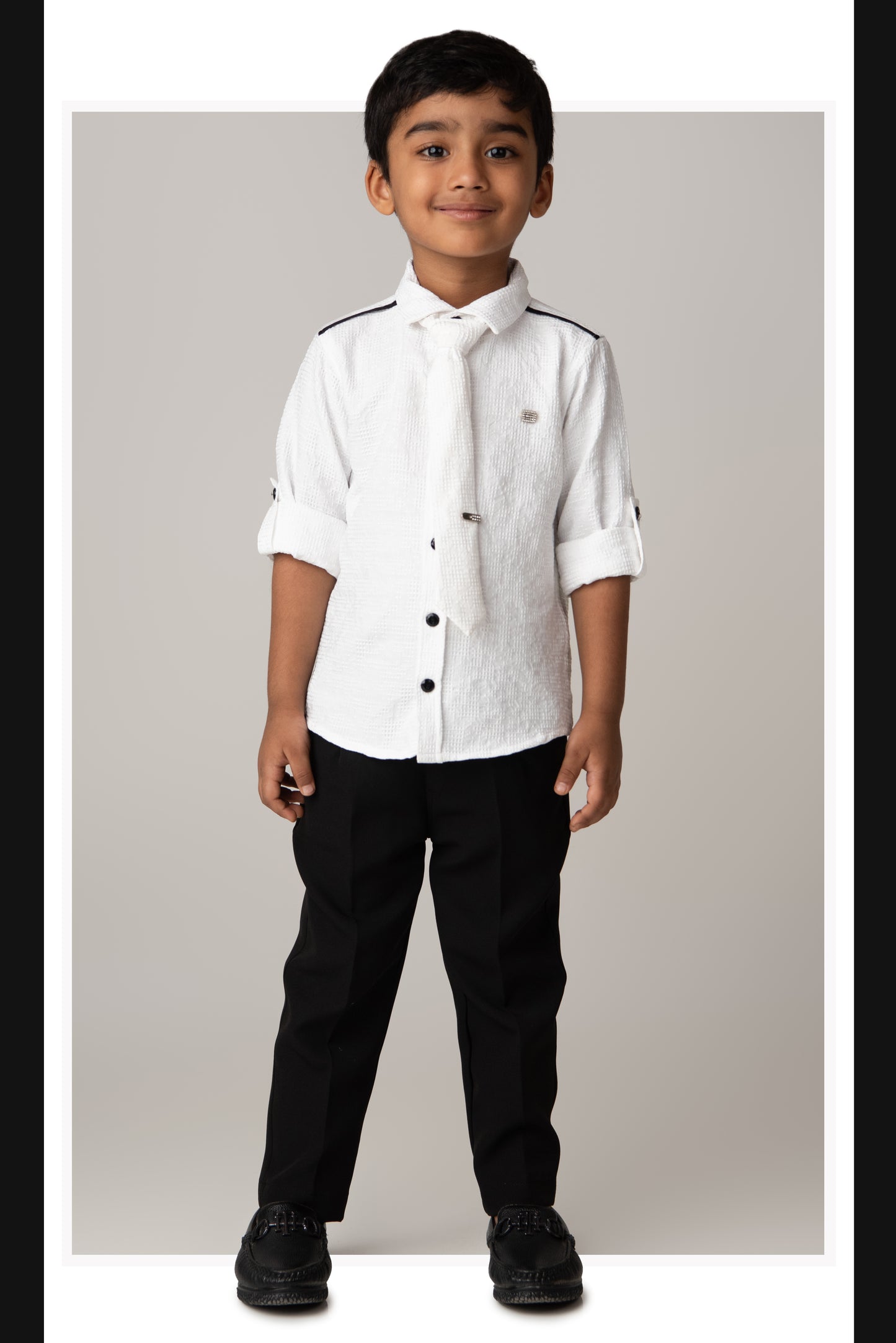 Poly Nylon Woven Full Sleeves Jacqaurd Shirt Pant with Tie and Tie Pin Set- White