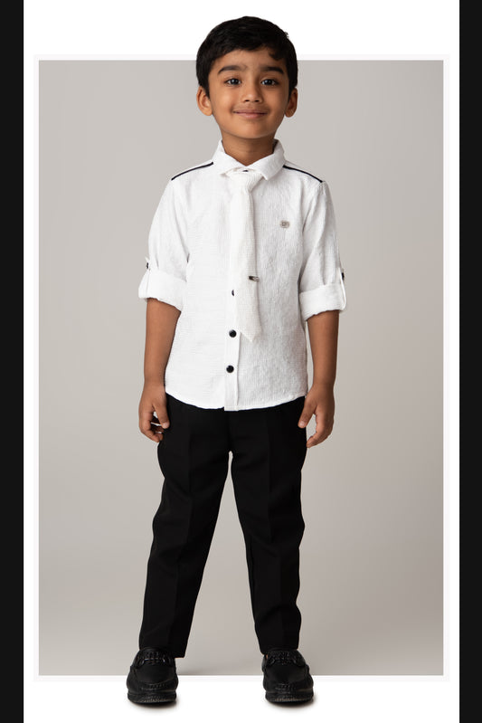Poly Nylon Woven Full Sleeves Jacqaurd Shirt Pant with Tie and Tie Pin Set- White
