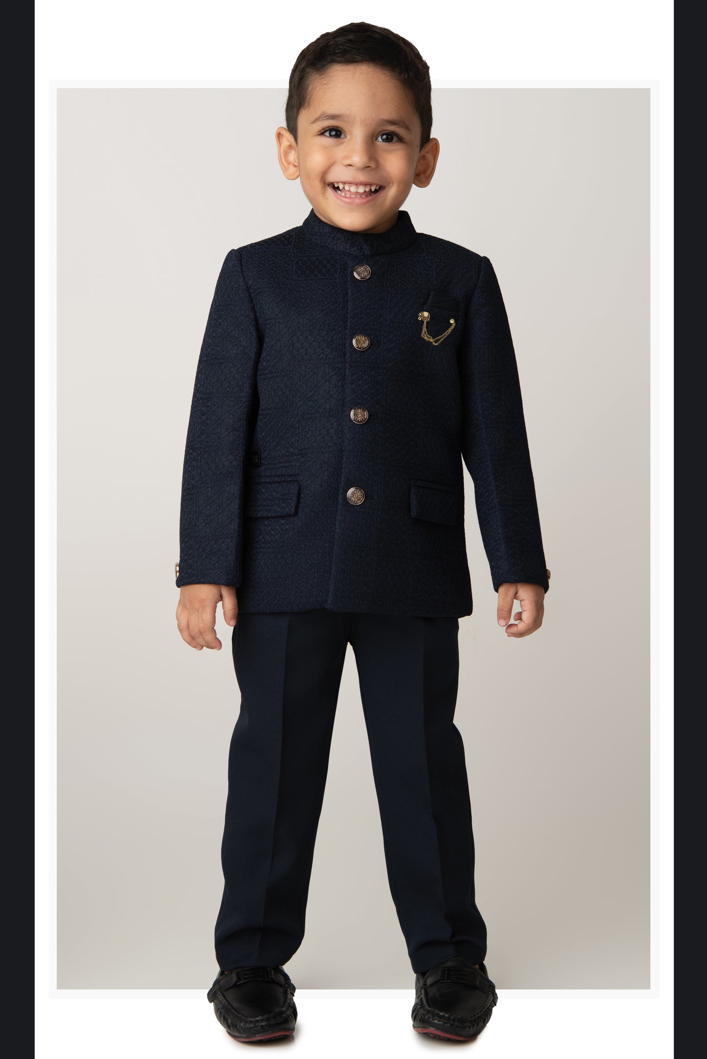 Boys Woven Jaquard Prince Coat & Trouser Coat Set with Brooch - Blue