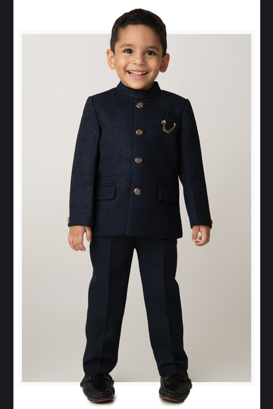Boys Woven Jaquard Prince Coat & Trouser Coat Set with Brooch - Blue