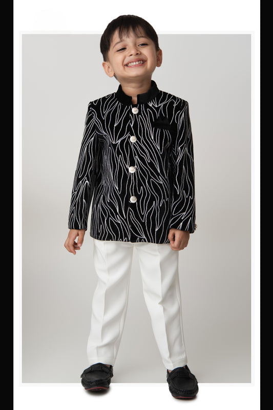 Woven Full Sleeves Cord Work on Velvet Formal Bandhgala Pant Ethnic Set- Black