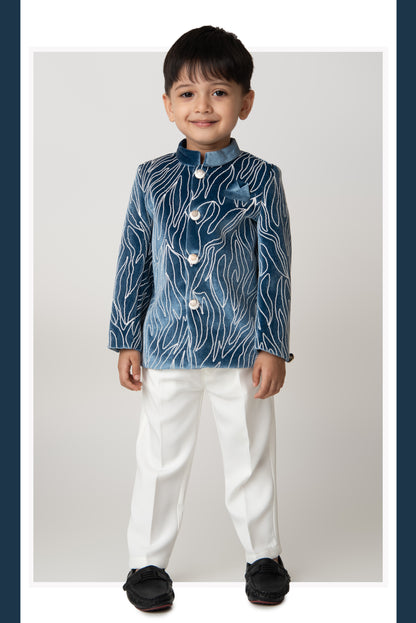 Woven Full Sleeves Cord Work on Velvet Formal Bandhgala Pant Ethnic Set- Blue