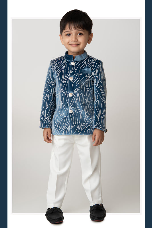 Woven Full Sleeves Cord Work on Velvet Formal Bandhgala Pant Ethnic Set- Blue
