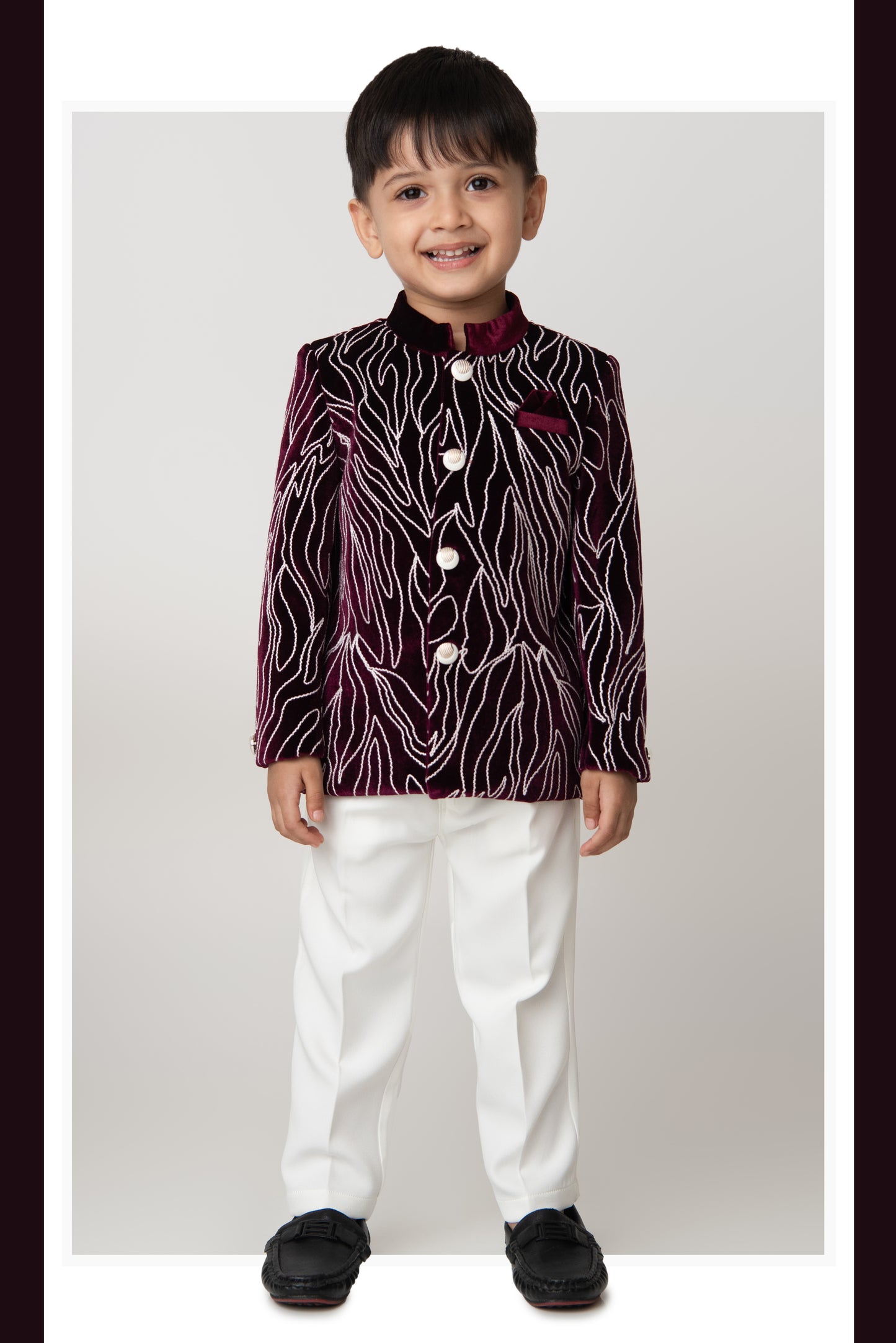 Woven Full Sleeves Cord Work on Velvet Formal Bandhgala Pant Ethnic Set- Maroon