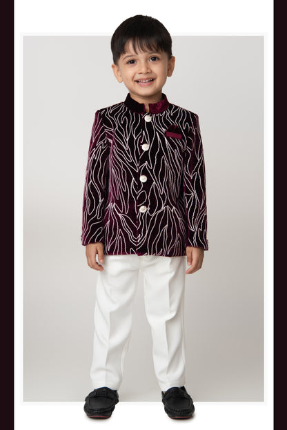 Woven Full Sleeves Cord Work on Velvet Formal Bandhgala Pant Ethnic Set- Maroon
