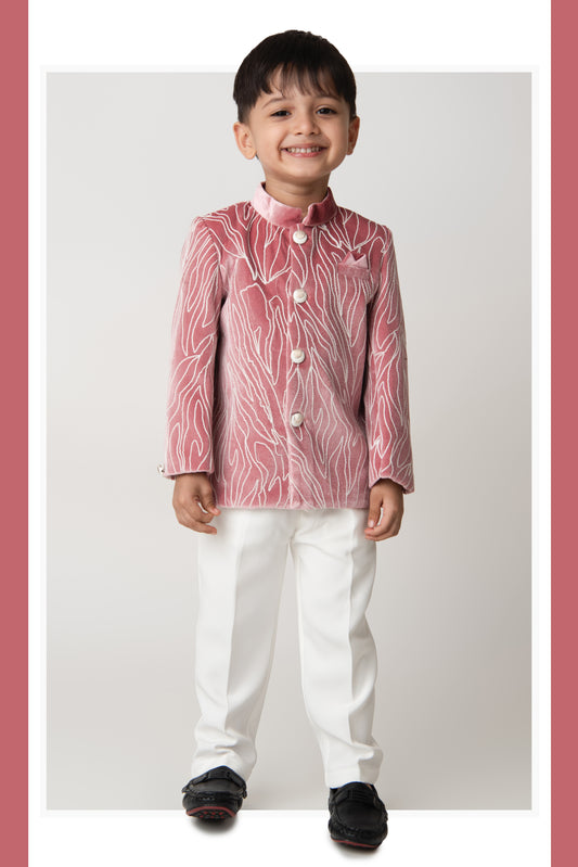 Woven Full Sleeves Cord Work on Velvet Formal Bandhgala Pant Ethnic Set- Peach