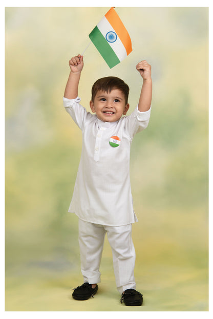 Cotton Blended Woven Full Sleeves Independence Day Special Kurta Pajama Set with Badge and Indian Flag- White