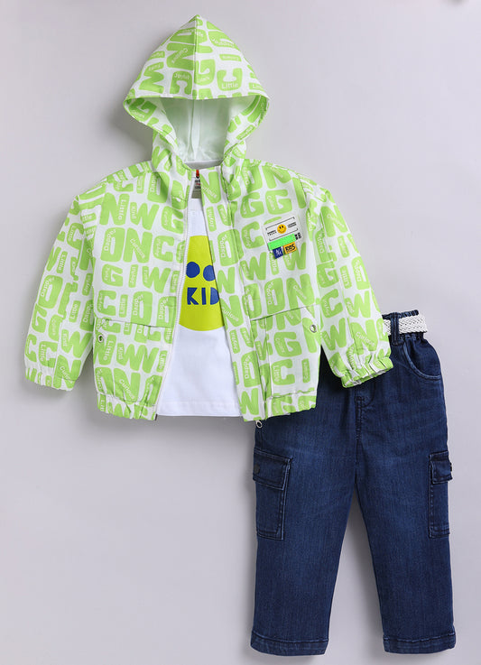 Blended Full Sleeves Zippered Alphabet Printed Sweat Jacket with Printed T shirt and Denim Pants Casual Set- Green