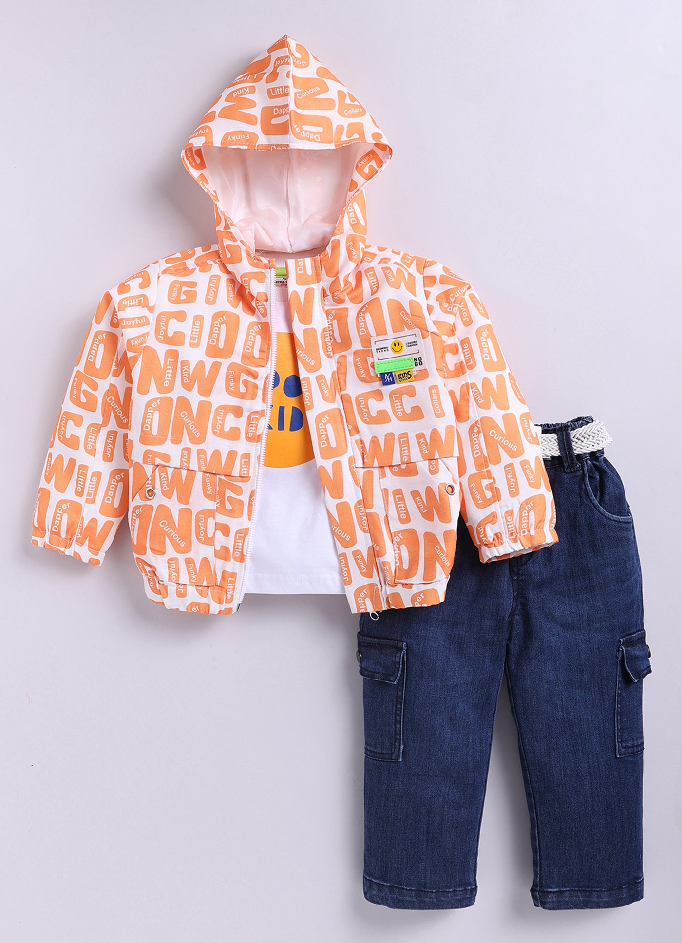 Blended Full Sleeves Zippered Alphabet Printed Sweat Jacket with Printed T shirt and Denim Pants Casual Set- Orange