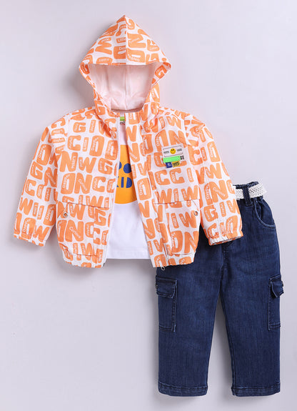Blended Full Sleeves Zippered Alphabet Printed Sweat Jacket with Printed T shirt and Denim Pants Casual Set- Orange