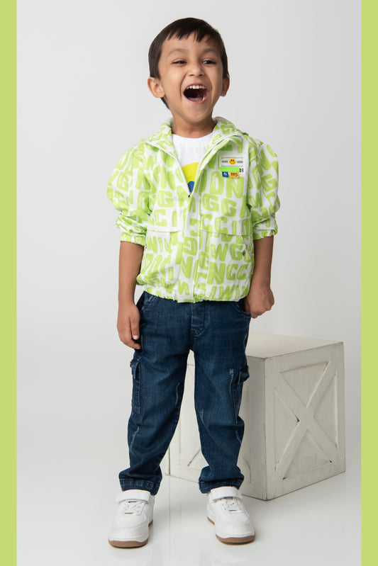 Blended Full Sleeves Zippered Alphabet Printed Sweat Jacket with Printed T shirt and Denim Pants Casual Set- Green