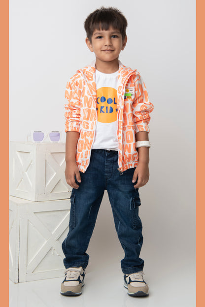Blended Full Sleeves Zippered Alphabet Printed Sweat Jacket with Printed T shirt and Denim Pants Casual Set- Orange