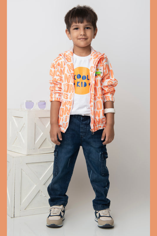 Blended Full Sleeves Zippered Alphabet Printed Sweat Jacket with Printed T shirt and Denim Pants Casual Set- Orange