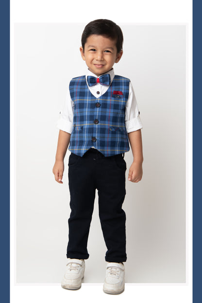 Brushed Cotton Woven Full Sleeves Checkered Waistcoat Pant with Shirt Bow Cap and Brooch Jacket Set- Blue