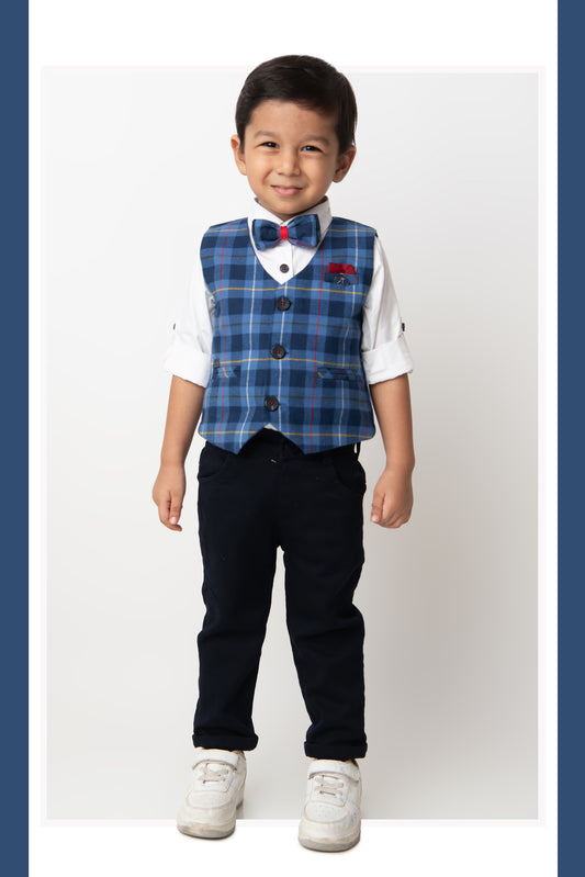 Brushed Cotton Woven Full Sleeves Checkered Waistcoat Pant with Shirt Bow Cap and Brooch Jacket Set- Blue