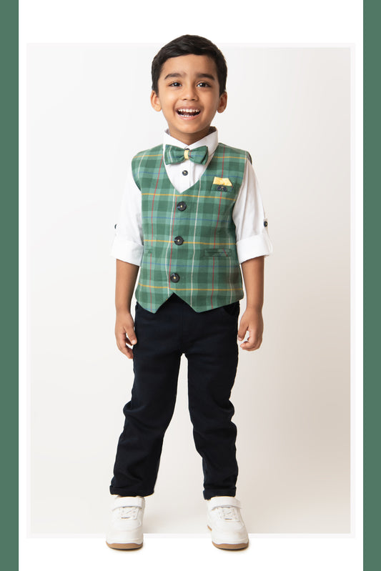 Brushed Cotton Woven Full Sleeves Checkered Waistcoat Pant with Shirt Bow Cap and Brooch Jacket Set- Green
