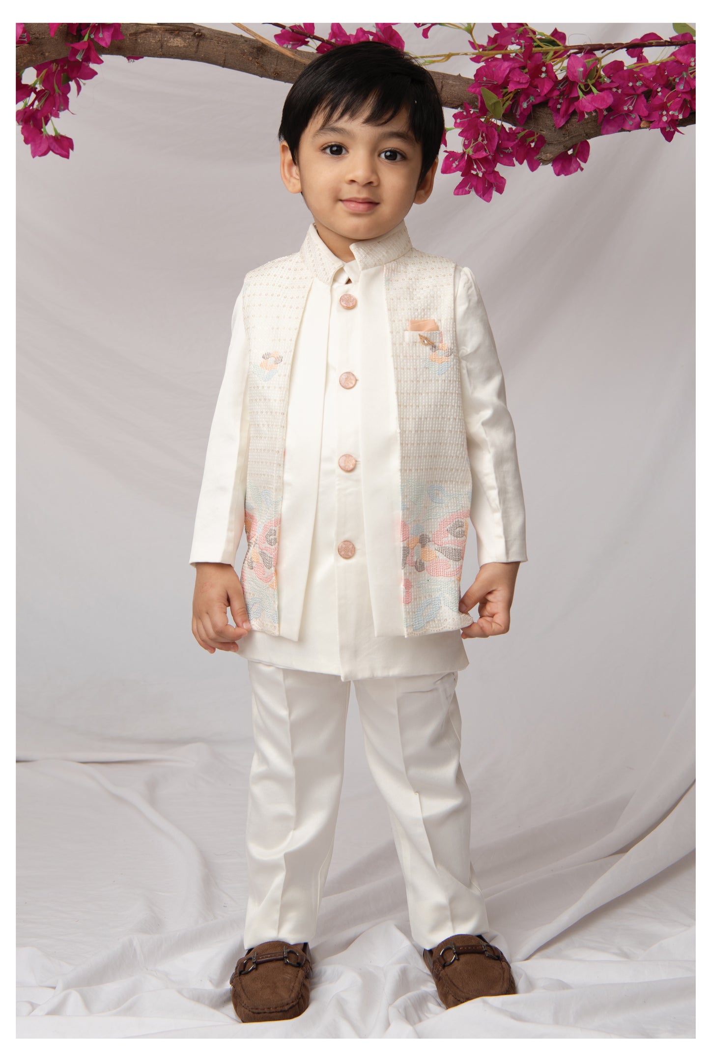 Blended Silk Full Sleeves Self Texture Achkan Bandhgala with Pants and Brooch Ethnicwear Set- White