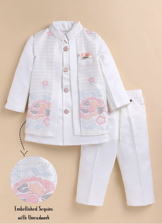 Blended Silk Full Sleeves Self Texture Achkan Bandhgala with Pants and Brooch Ethnicwear Set- White