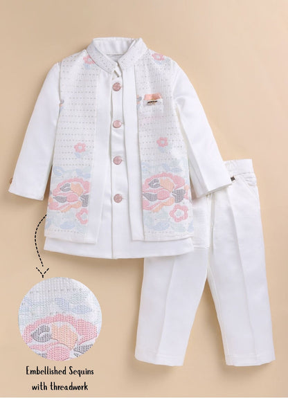 Blended Silk Full Sleeves Self Texture Achkan Bandhgala with Pants and Brooch Ethnicwear Set- White