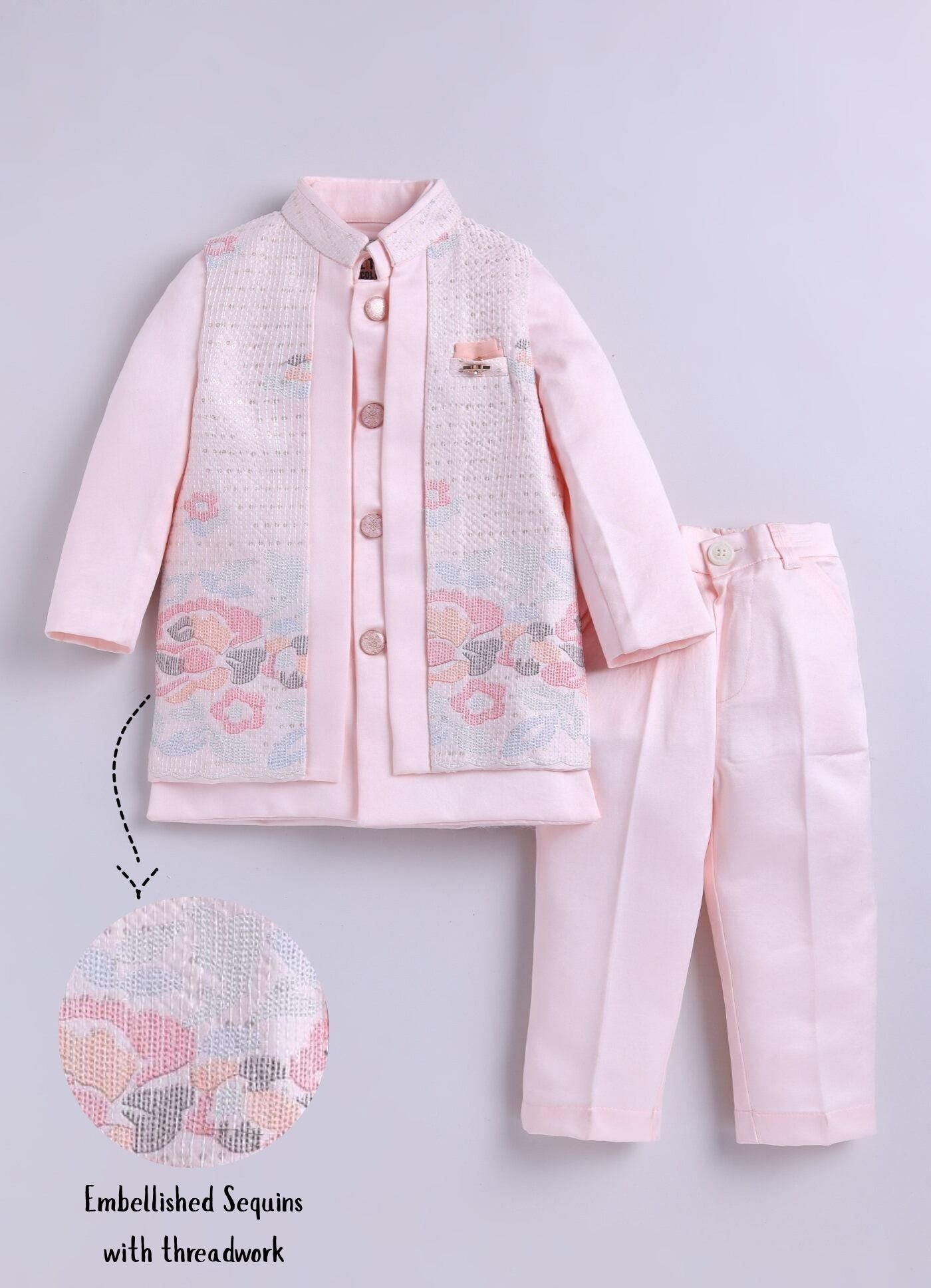 Blended Silk Full Sleeves Self Texture Achkan Bandhgala with Pants and Brooch Ethnicwear Set- Peach