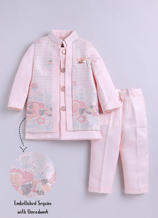 Blended Silk Full Sleeves Self Texture Achkan Bandhgala with Pants and Brooch Ethnicwear Set- Peach