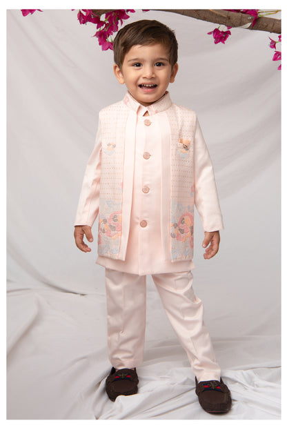 Blended Silk Full Sleeves Self Texture Achkan Bandhgala with Pants and Brooch Ethnicwear Set- Peach