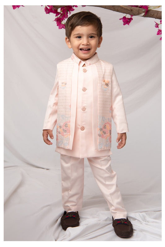 Blended Silk Full Sleeves Self Texture Achkan Bandhgala with Pants and Brooch Ethnicwear Set- Peach