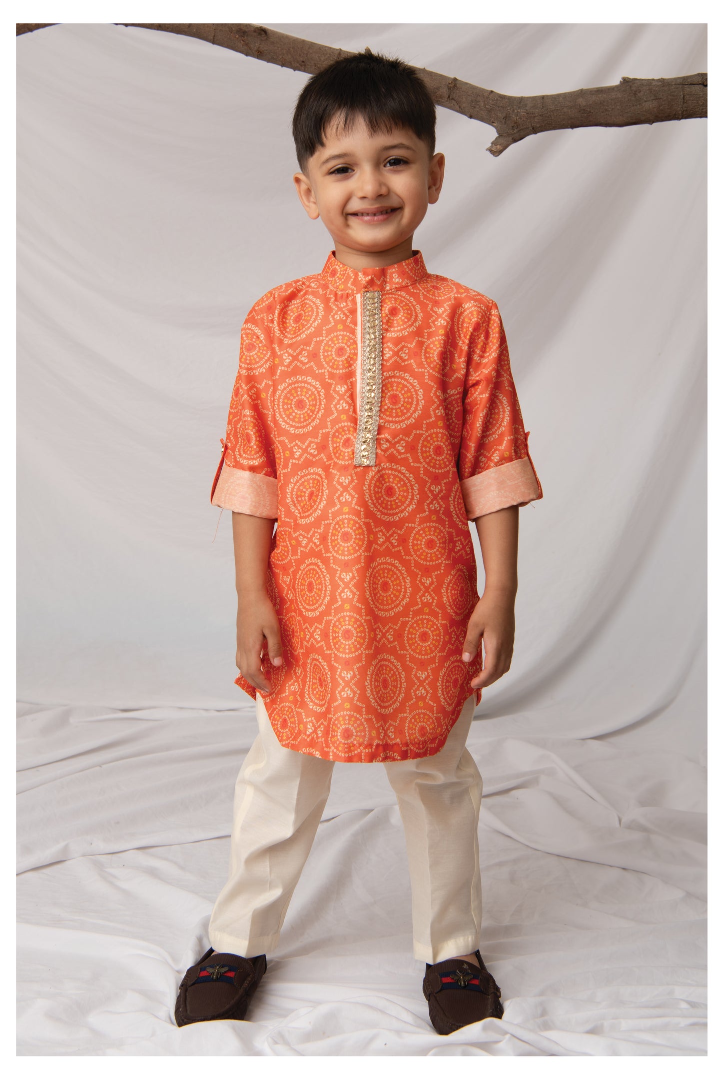 Blended Woven Bandhani Printed  Full Sleeves Kurta Pajama Ethnic Set- Orange