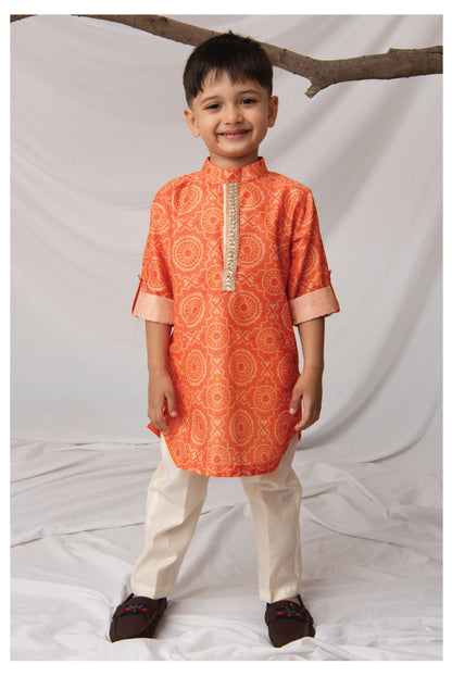 Blended Woven Bandhani Printed  Full Sleeves Kurta Pajama Ethnic Set- Orange