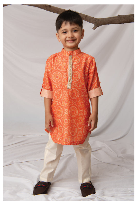 Blended Woven Bandhani Printed  Full Sleeves Kurta Pajama Ethnic Set- Orange