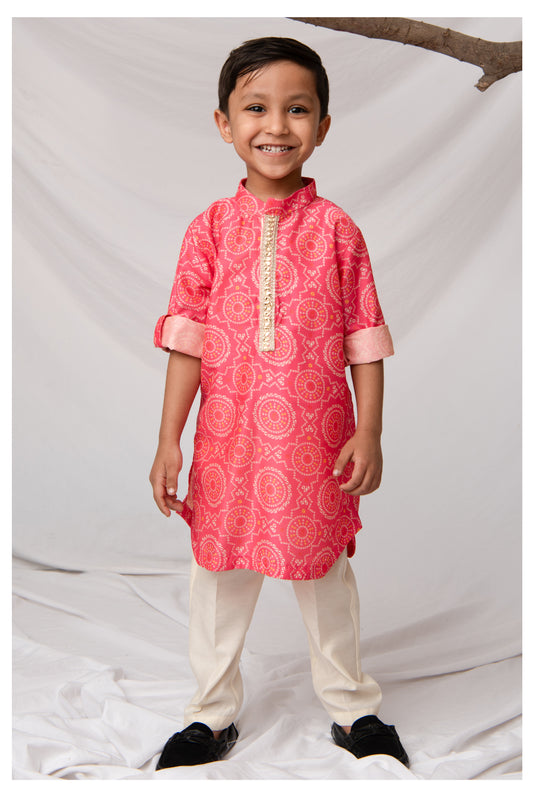 Blended Woven Bandhani Printed  Full Sleeves Kurta Pajama Ethnic Set- Pink
