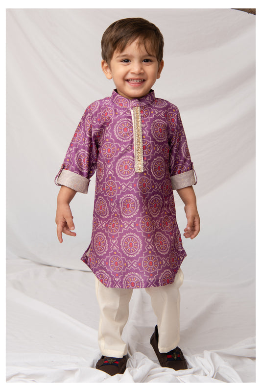 Blended Woven Bandhani Printed  Full Sleeves Kurta Pajama Ethnic Set- Purple