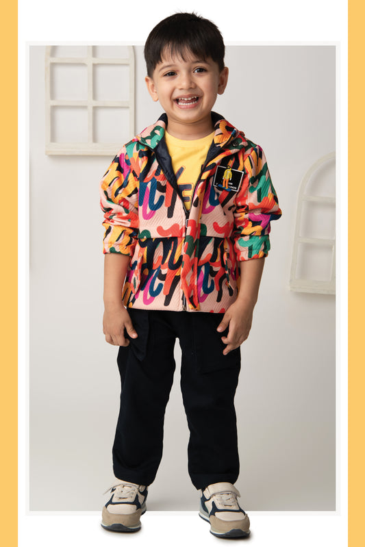 Blended Abstract Printed Knitted Quilted Full Sleeves Zippered Sweat Jacket with Printed Tshirt and Pants Casual Set- Multi